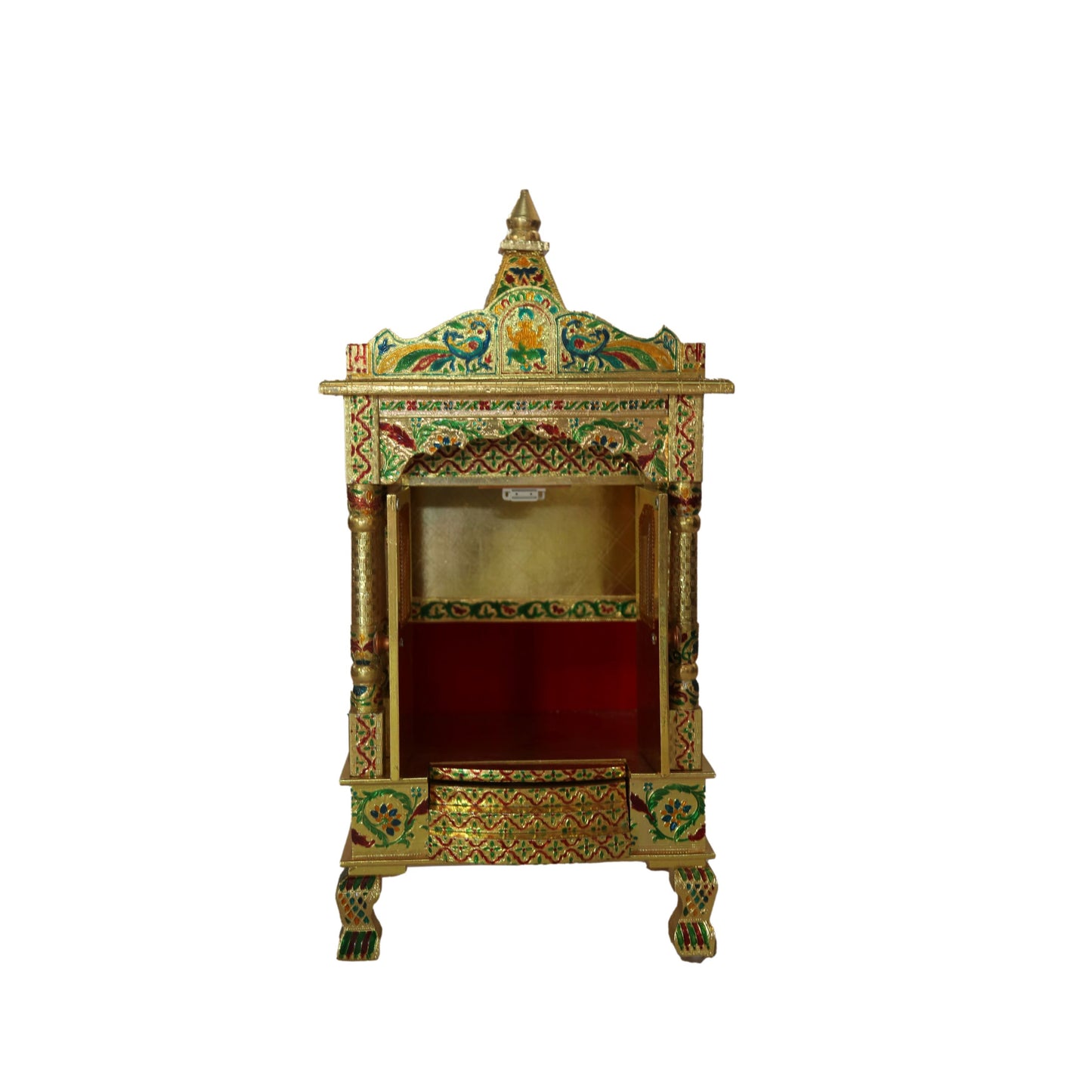 Golden Meena Work Pooja Temple, Handcrafted Wooden Mandir for Home (15 x 12 x 32 Inches)