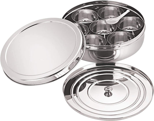 Spice Container - Masala Dabba - 7 Compartments, masala box,steel masala dabba,Spice container box,stainless steel spice box indian masala dabba with 7 spice containers