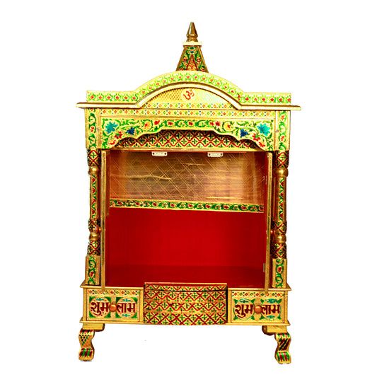 Golden Meena Work Pooja Temple, Handcrafted Wooden Mandir for Home (15 x 24x 41 Inches)