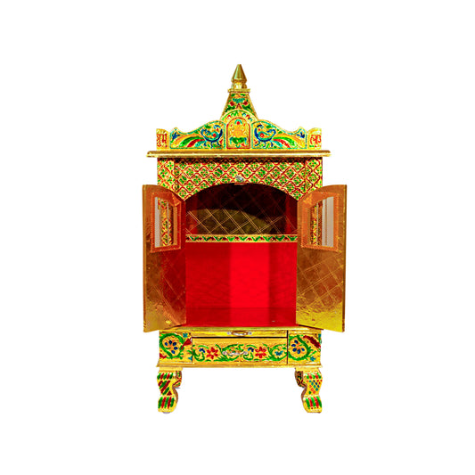 Golden Meena Work Pooja Temple, Handcrafted Wooden Mandir for Home (15 x 9 x 31 Inches)