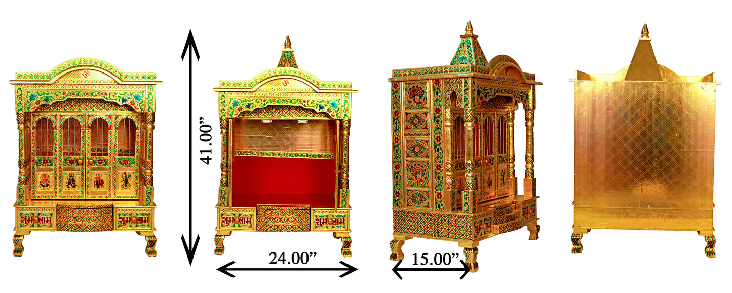 Golden Meena Work Pooja Temple, Handcrafted Wooden Mandir for Home (15 x 24x 41 Inches)