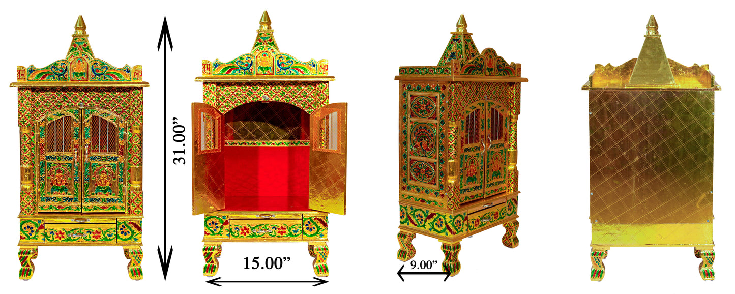 Golden Meena Work Pooja Temple, Handcrafted Wooden Mandir for Home (15 x 9 x 31 Inches)