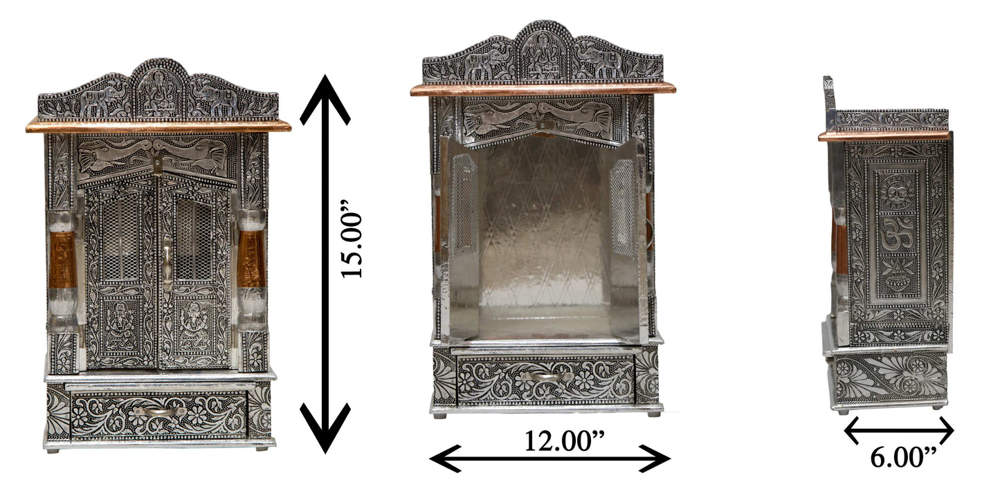 Oxidized Work Pooja Temple, Handcrafted Wooden Mandir for Home (12 x 6 x 20 Inches)