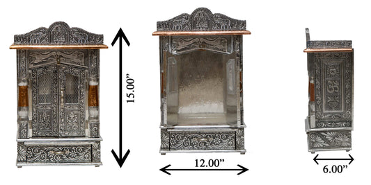 Oxidized Work Pooja Temple, Handcrafted Wooden Mandir for Home (12 x 6 x 20 Inches)