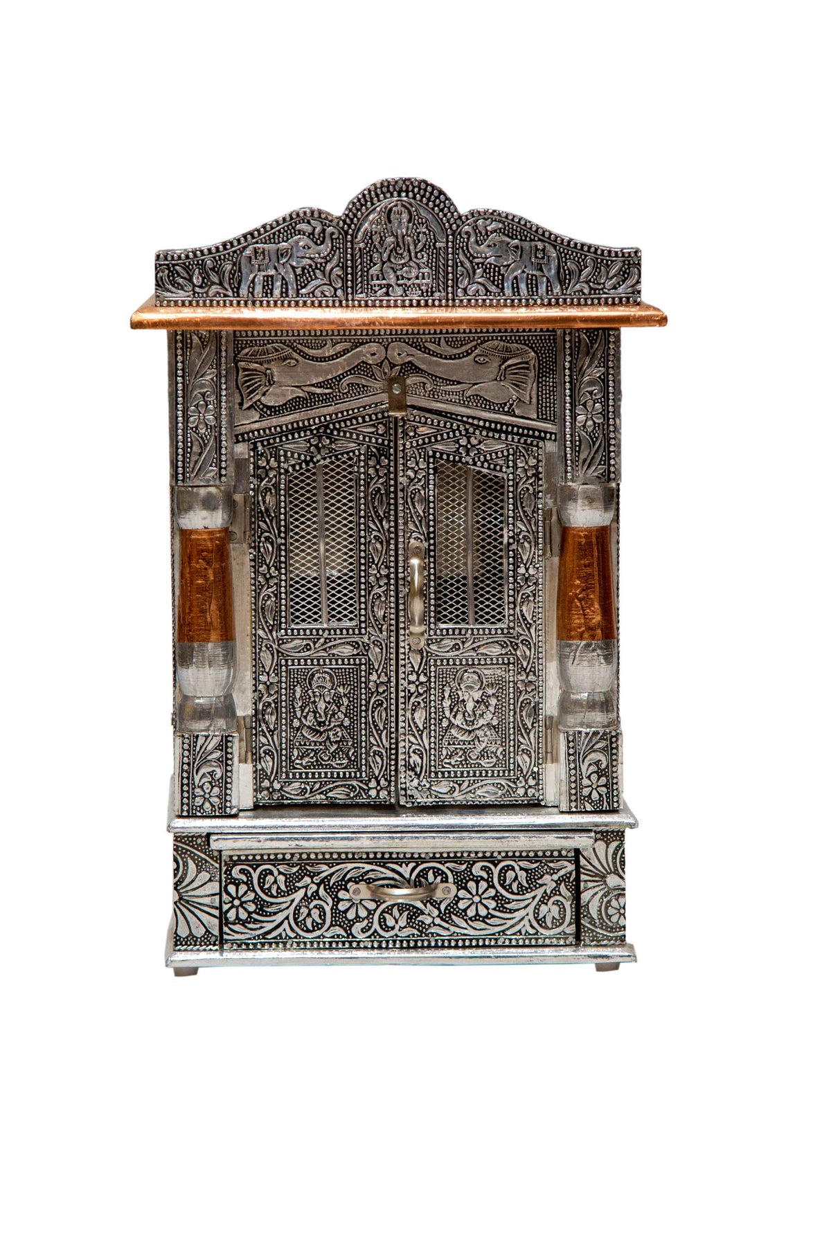 Oxidized Work Pooja Temple, Handcrafted Wooden Mandir for Home (12 x 6 x 20 Inches)
