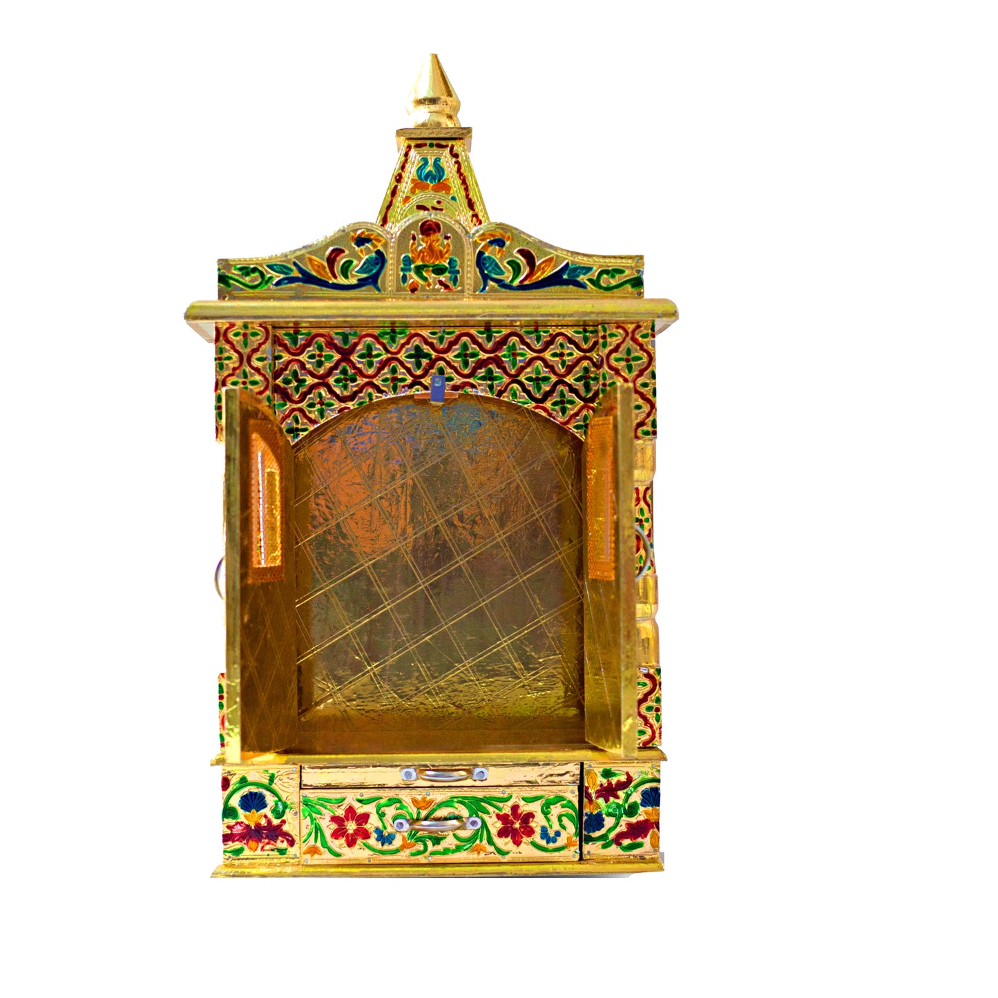 Golden Meena Work Pooja Temple, Handcrafted Wooden Mandir for Home (12 x 6 x 20 Inches)