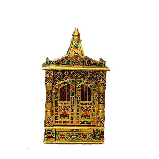 Golden Meena Work Pooja Temple, Handcrafted Wooden Mandir for Home (12 x 6 x 20 Inches)