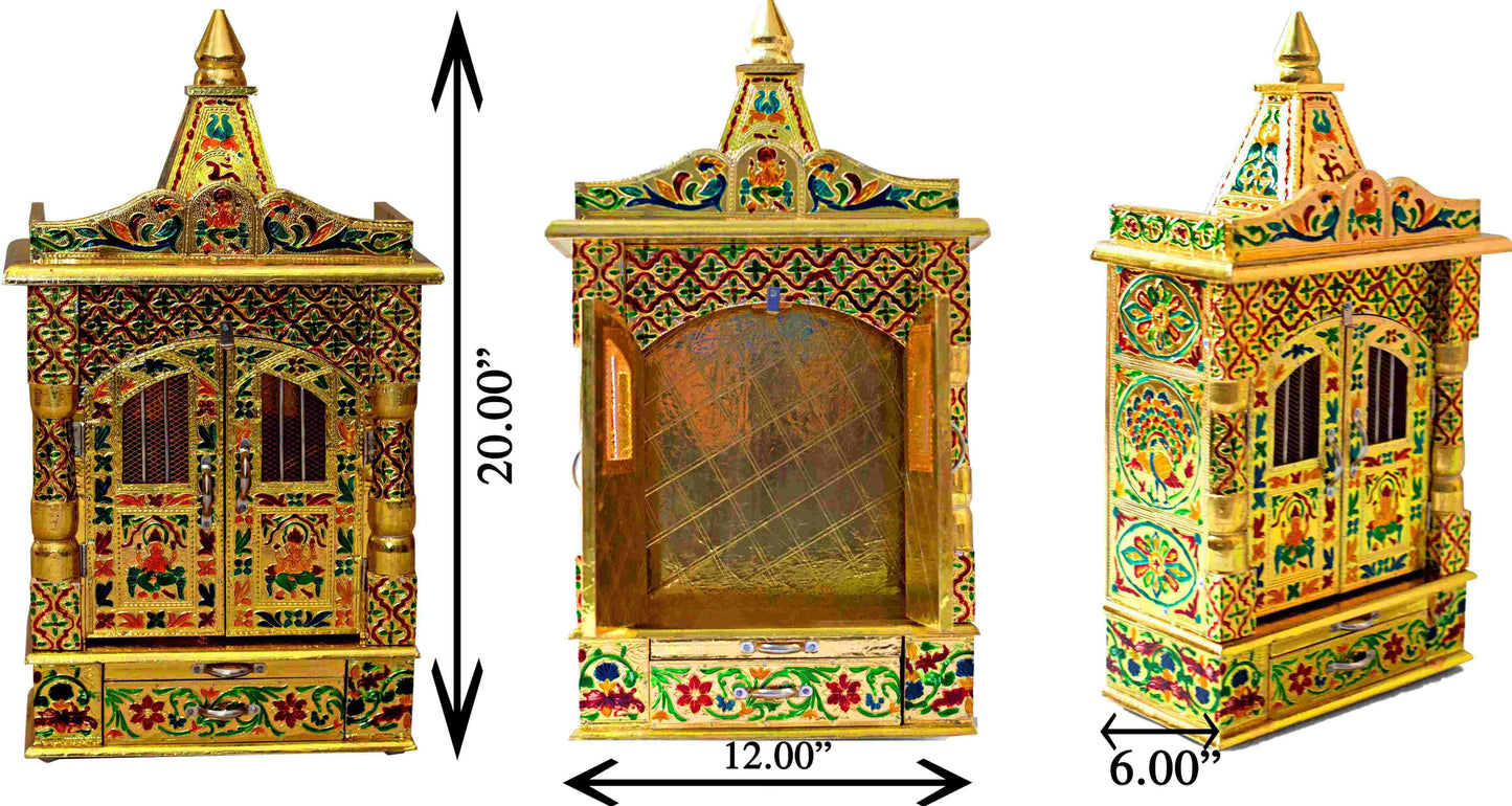 Golden Meena Work Pooja Temple, Handcrafted Wooden Mandir for Home (12 x 6 x 20 Inches)