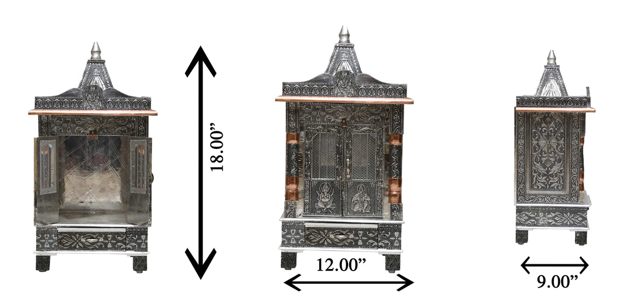 Oxidized Work Pooja Temple, Handcrafted Wooden Mandir for Home (12 x 9 x 24 Inches)