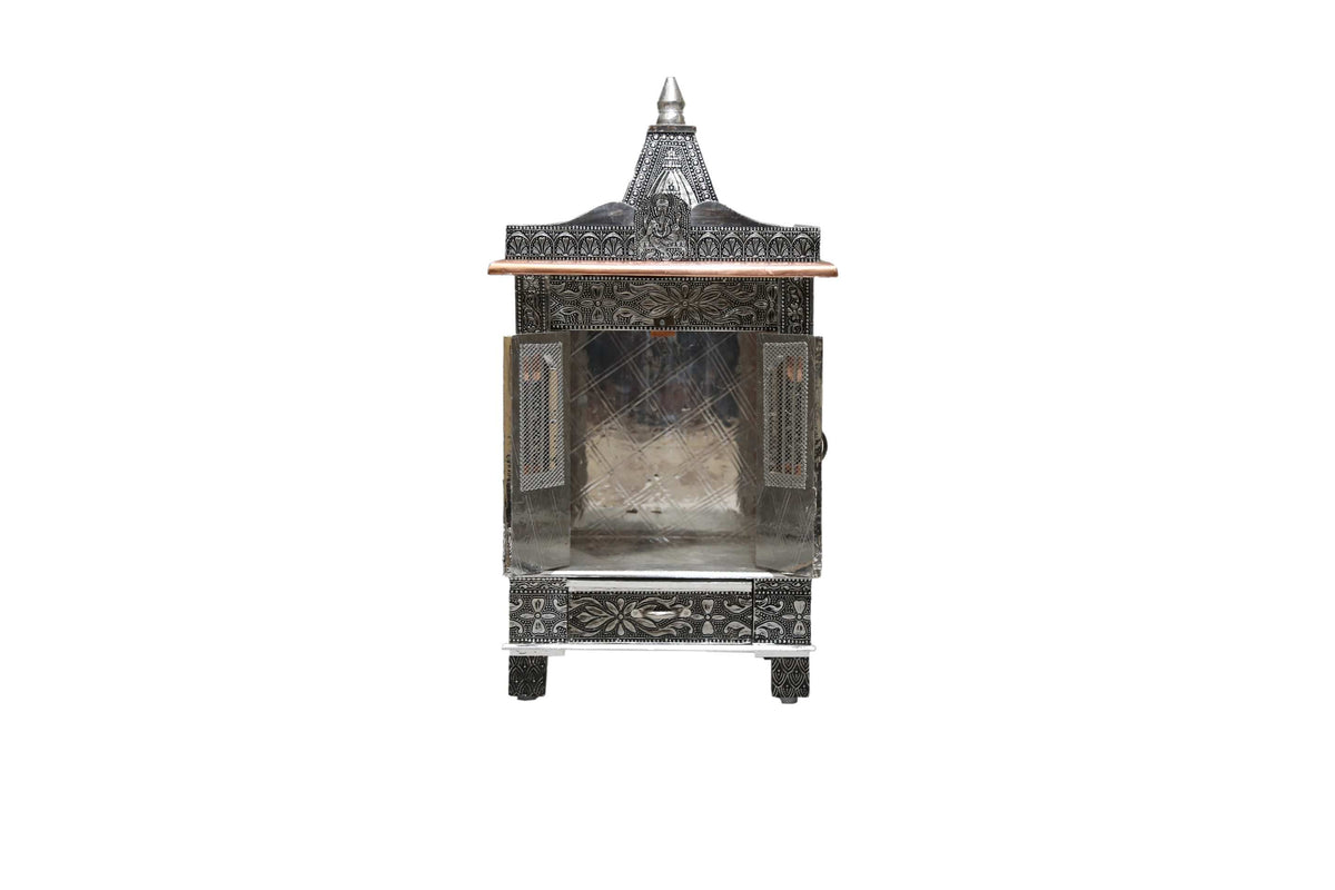 Oxidized Work Pooja Temple, Handcrafted Wooden Mandir for Home (12 x 9 x 24 Inches)