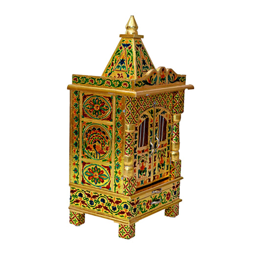 Golden Meena Work Pooja Temple, Handcrafted Wooden Mandir for Home (12 x 9 x 24 Inches)