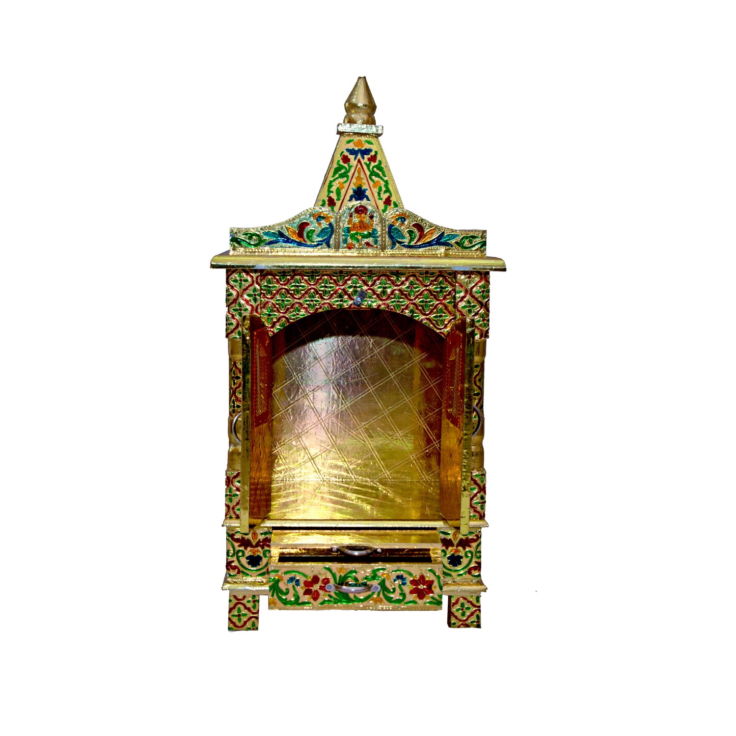 Golden Meena Work Pooja Temple, Handcrafted Wooden Mandir for Home (12 x 9 x 24 Inches)