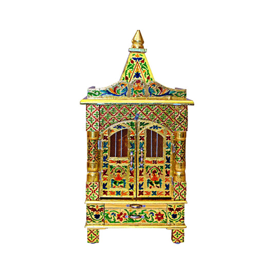 Golden Meena Work Pooja Temple, Handcrafted Wooden Mandir for Home (12 x 9 x 24 Inches)