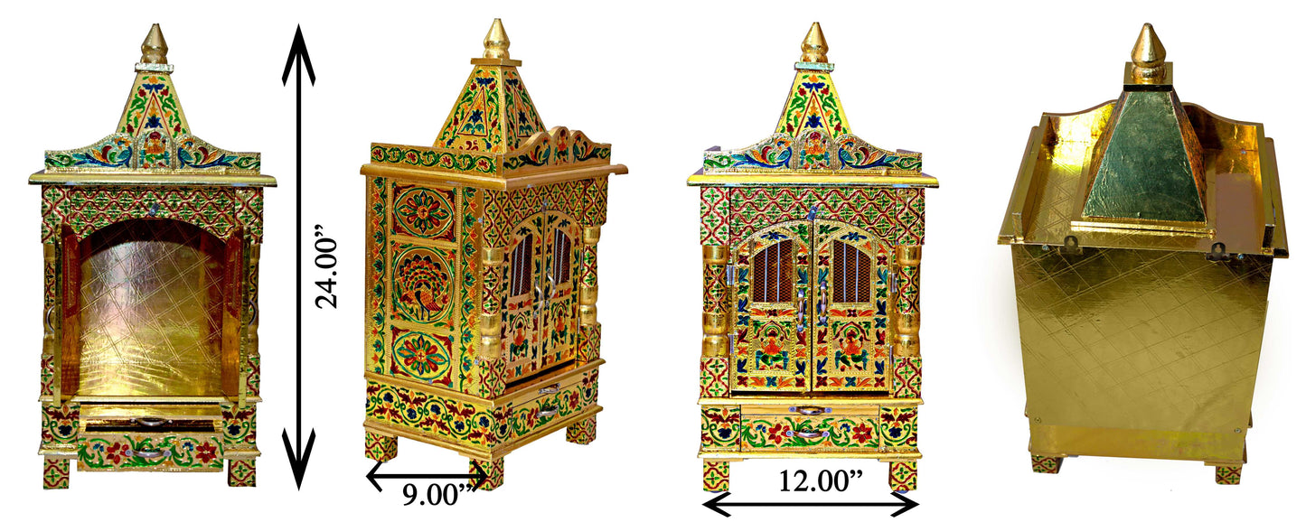 Golden Meena Work Pooja Temple, Handcrafted Wooden Mandir for Home (12 x 9 x 24 Inches)