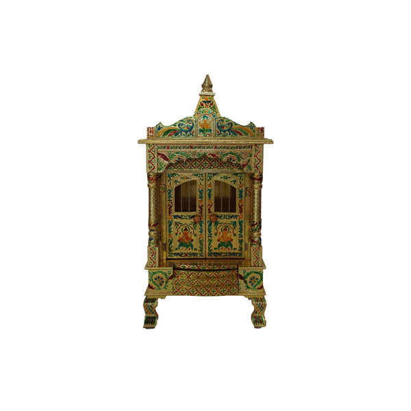 Golden Meena Work Pooja Temple, Handcrafted Wooden Mandir for Home (15 x 12 x 32 Inches)