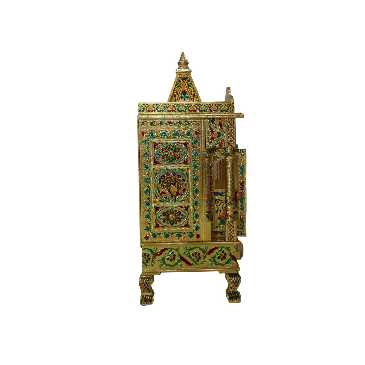 Golden Meena Work Pooja Temple, Handcrafted Wooden Mandir for Home (15 x 12 x 32 Inches)