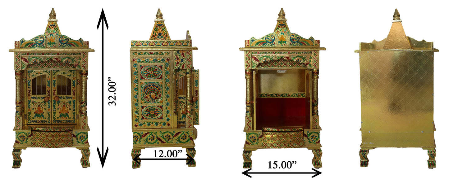 Golden Meena Work Pooja Temple, Handcrafted Wooden Mandir for Home (15 x 12 x 32 Inches)