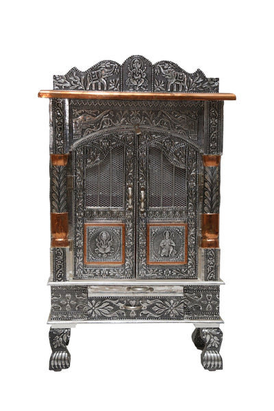 Oxidized Work Pooja Temple, Handcrafted Wooden Mandir for Home (15 x 9 x 26 Inches)