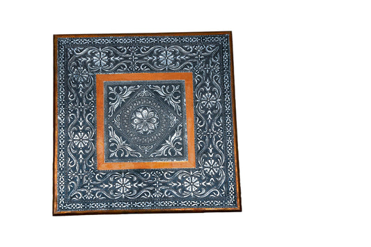 Oxidized Wooden Chowki puja bajot Kalash Designed for Home & Office Decor for Pooja - 18 x 18 x 6 inch, Silver