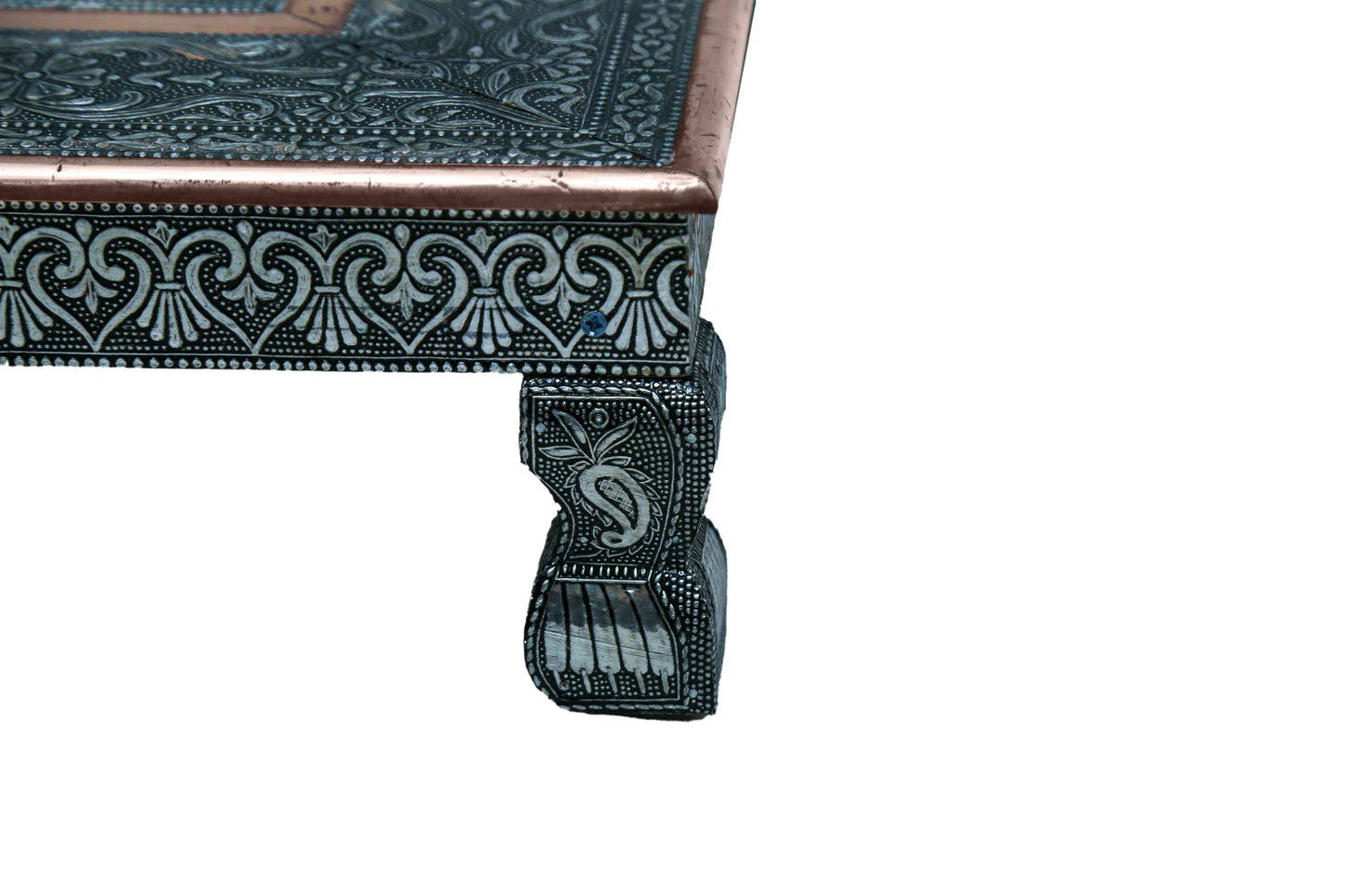 Oxidized Wooden Chowki puja bajot Kalash Designed for Home & Office Decor for Pooja - 18 x 18 x 6 inch, Silver