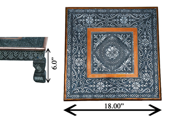 Oxidized Wooden Chowki puja bajot Kalash Designed for Home & Office Decor for Pooja - 18 x 18 x 6 inch, Silver