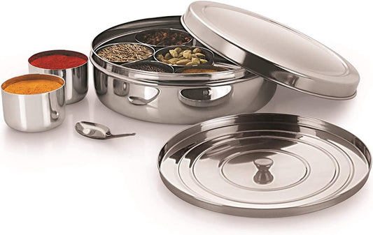 Spice Container - Masala Dabba - 7 Compartments, masala box,steel masala dabba,Spice container box,stainless steel spice box indian masala dabba with 7 spice containers
