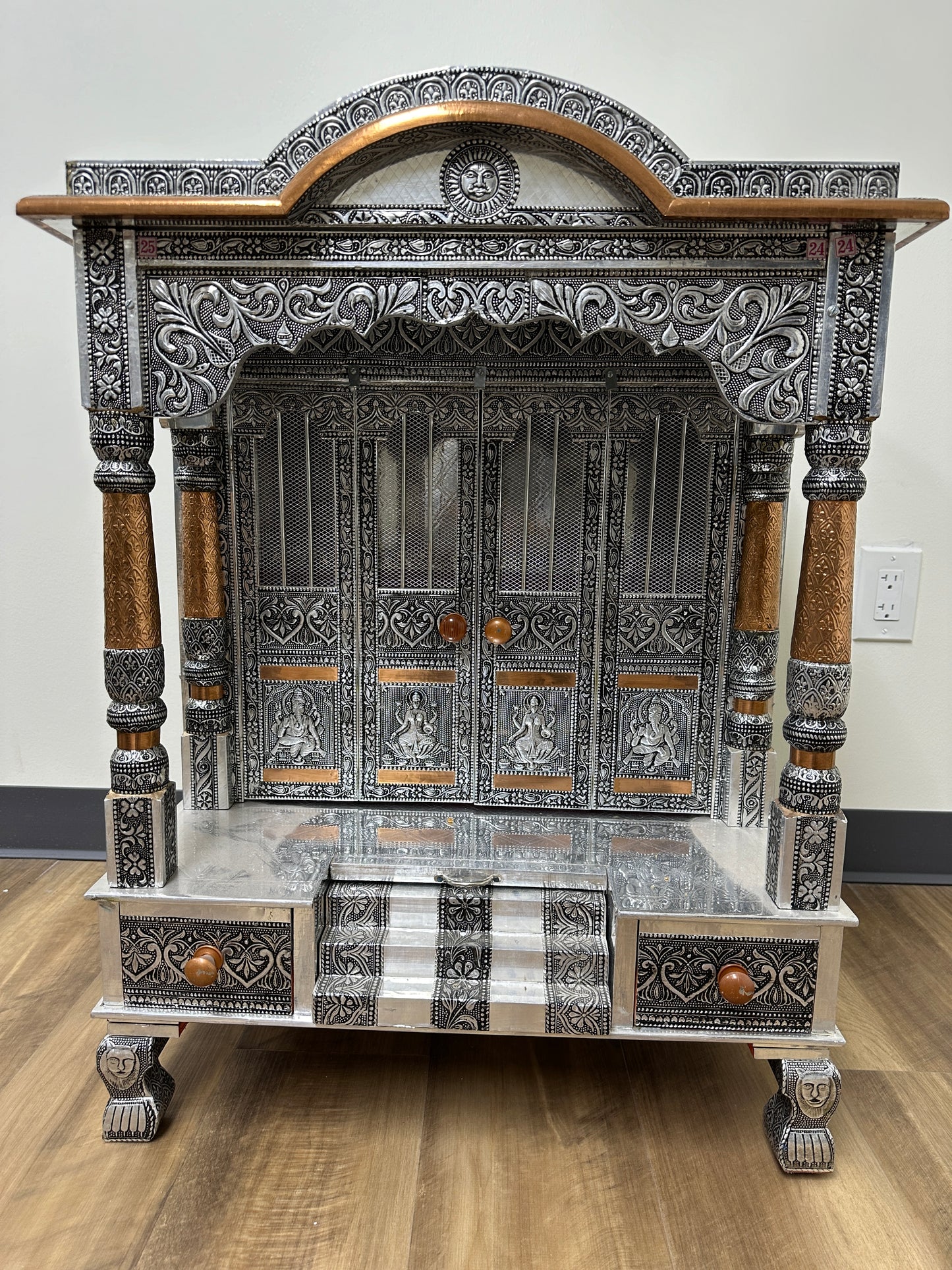 Oxidized Work Pooja Temple, Handcrafted Wooden Mandir for Home (24 x 18 x 26 Inches)