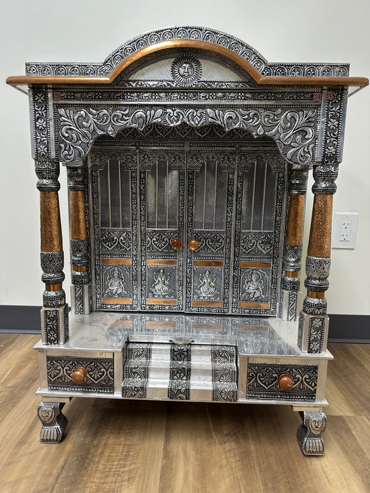 Oxidized Work Pooja Temple, Handcrafted Wooden Mandir for Home (24 x 18 x 26 Inches)