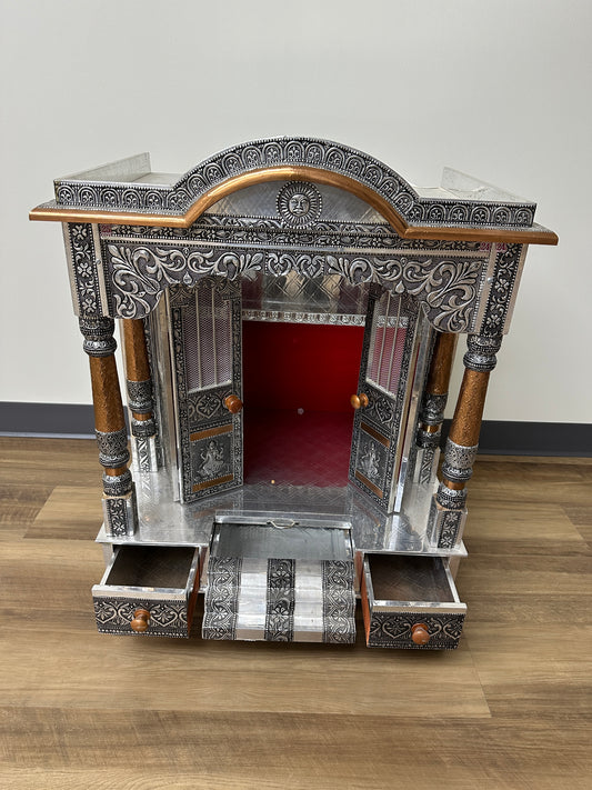 Oxidized Work Pooja Temple, Handcrafted Wooden Mandir for Home (24 x 18 x 26 Inches)