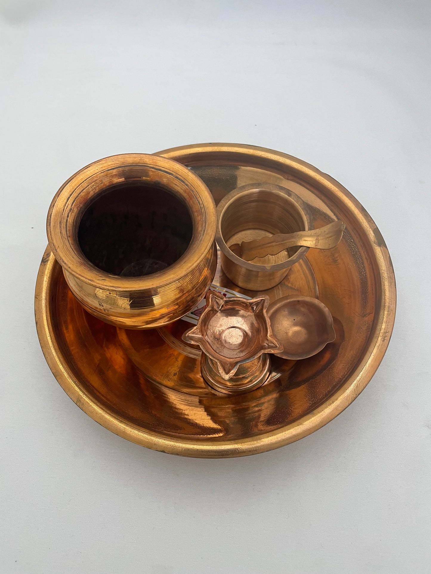 Copper Puja Set - Thali, 2 Diyas, Panch Patra, Spoon, and Kalash