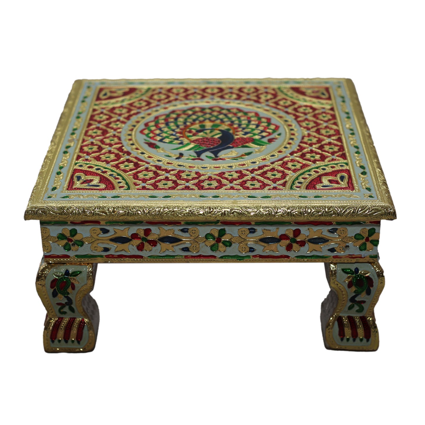 Premium Meenakari Wooden Chowki puja bajot Kalash Designed for Home & Office Decor for Pooja - 12x12x6 inch, Gold