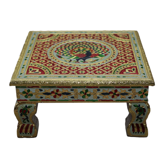 Premium Meenakari Wooden Chowki puja bajot Kalash Designed for Home & Office Decor for Pooja - 12x12x6 inch, Gold