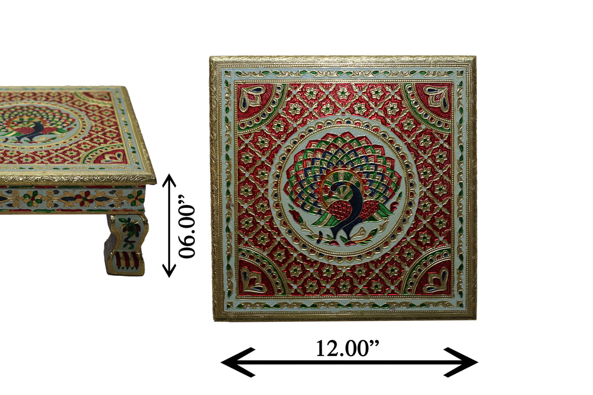 Premium Meenakari Wooden Chowki puja bajot Kalash Designed for Home & Office Decor for Pooja - 12x12x6 inch, Gold