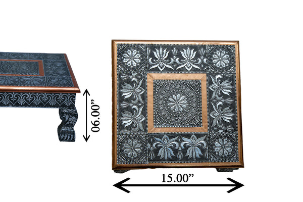 Premium Oxidized Wooden Chowki puja bajot Kalash Designed for Home & Office Decor for Pooja - 15 x 15 x 6 inch, Silver