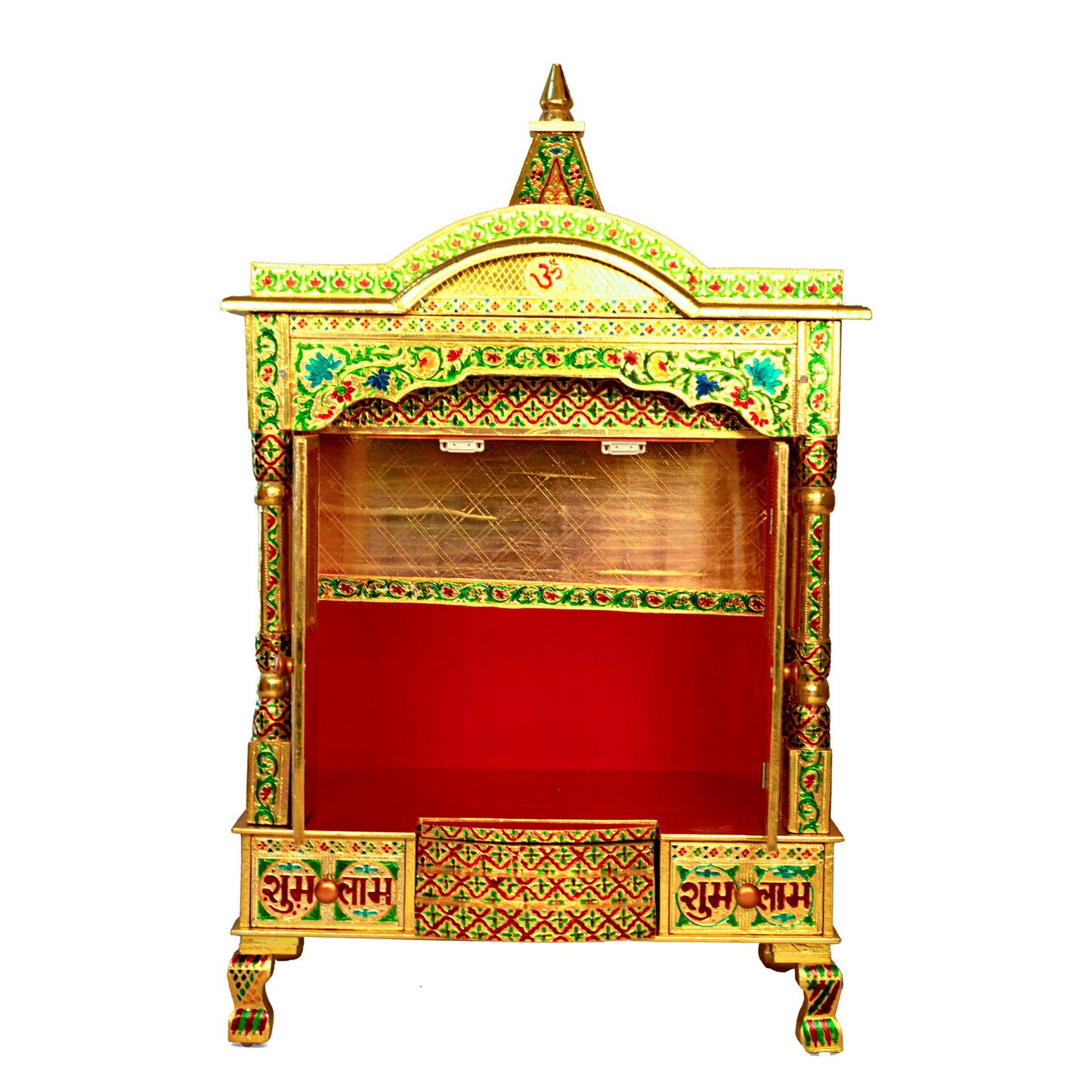 Golden Meena Work Pooja Temple, Handcrafted Wooden Mandir for Home (15 x 24x 41 Inches)