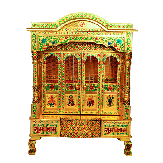 Golden Meena Work Pooja Temple, Handcrafted Wooden Mandir for Home (15 x 24x 41 Inches)