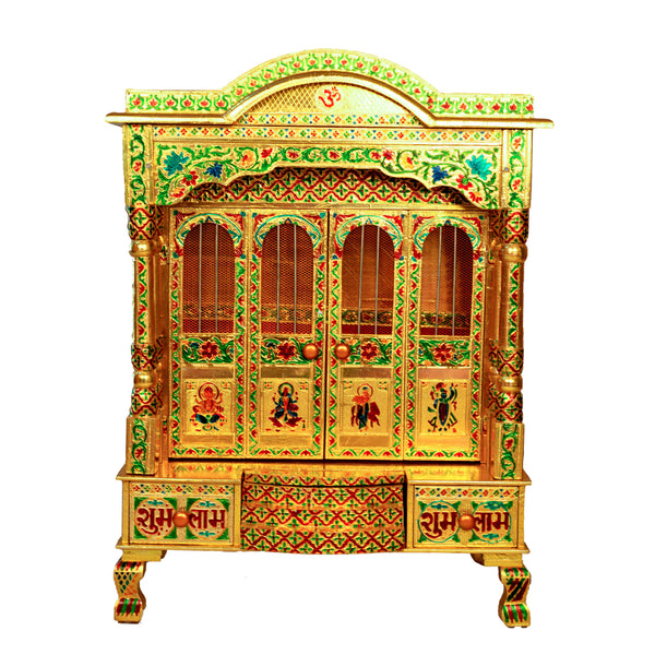 Golden Meena Work Pooja Temple, Handcrafted Wooden Mandir for Home (15 x 24x 41 Inches)