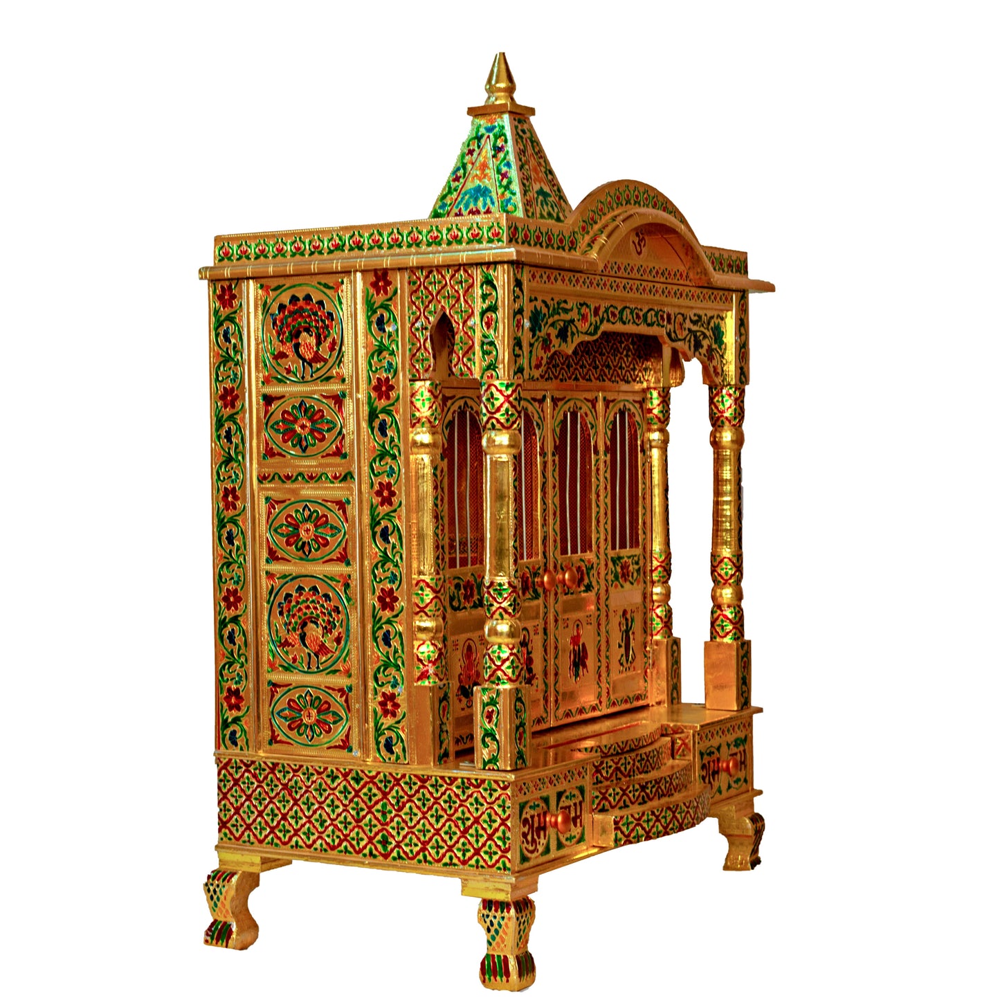 Golden Meena Work Pooja Temple, Handcrafted Wooden Mandir for Home (15 x 24x 41 Inches)