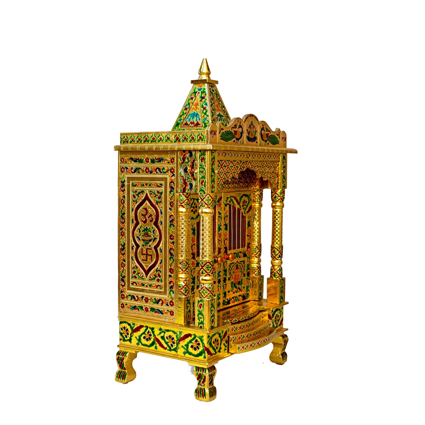 Golden Meena Work Pooja Temple, Handcrafted Wooden Mandir for Home (18 x 12 x 38 Inches)