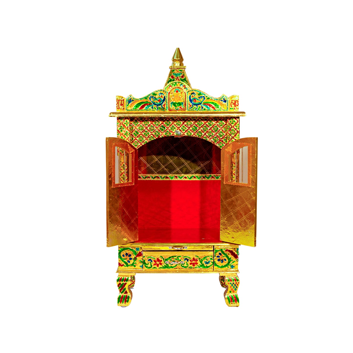 Golden Meena Work Pooja Temple, Handcrafted Wooden Mandir for Home (15 x 9 x 31 Inches)