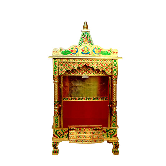 Golden Meena Work Pooja Temple, Handcrafted Wooden Mandir for Home (18 x 12 x 38 Inches)