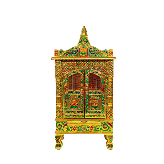 Golden Meena Work Pooja Temple, Handcrafted Wooden Mandir for Home (15 x 9 x 31 Inches)
