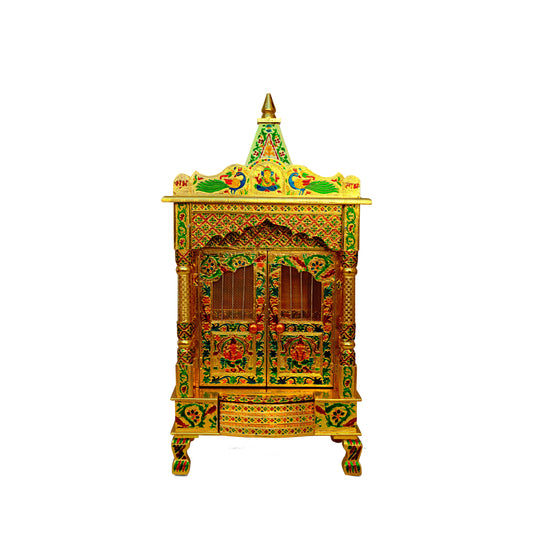 Golden Meena Work Pooja Temple, Handcrafted Wooden Mandir for Home (18 x 12 x 38 Inches)
