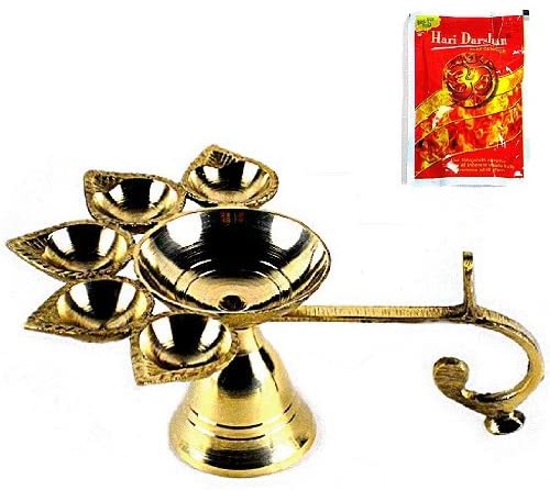 PANCH AARTI ~ Hindu Puja Camphor Burner w/ Camphor Tablets ~ 5 Face Brass Diya Lamp